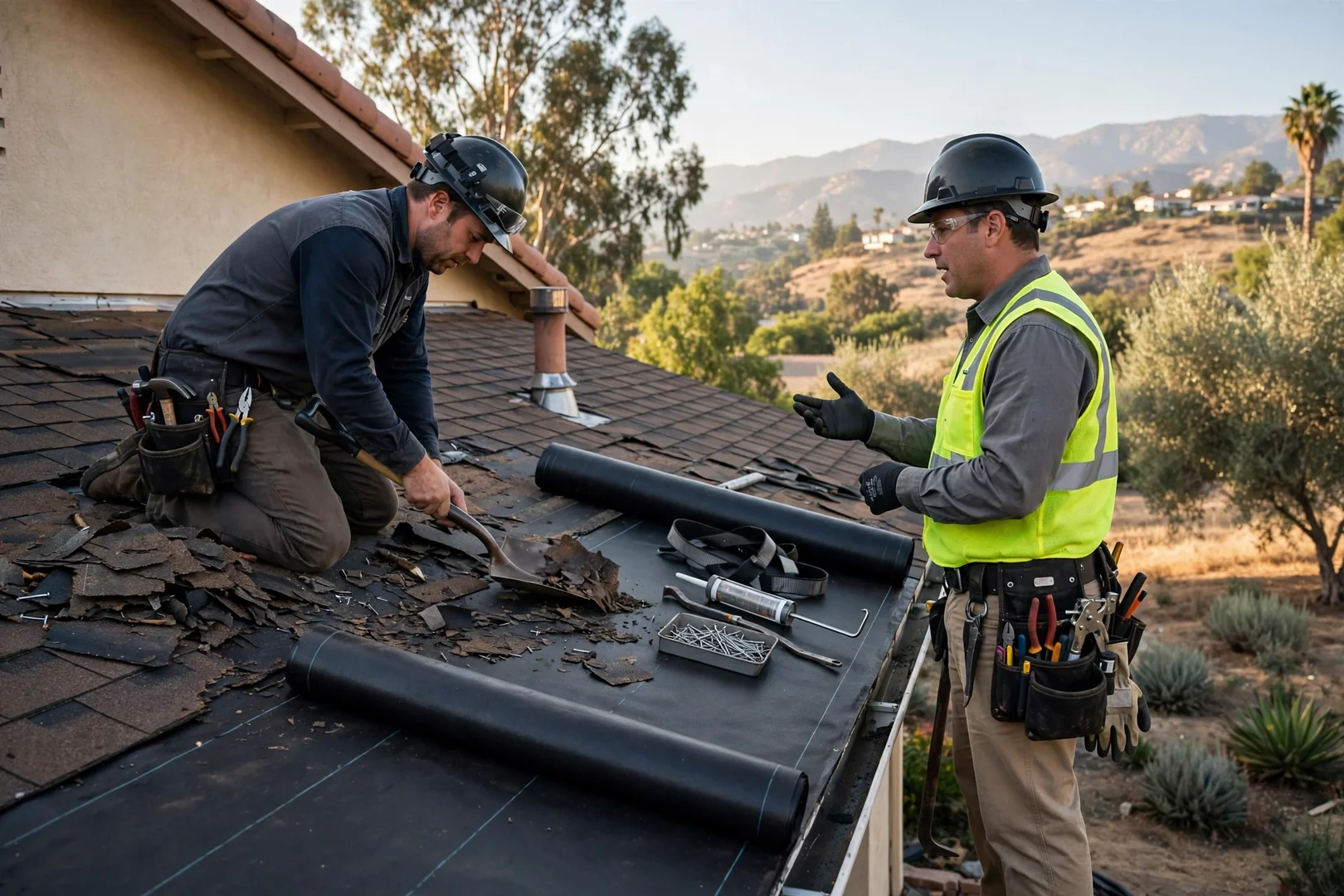 Roofing crew heat-welding single-ply membrane seams on a La Verne commercial flat roof