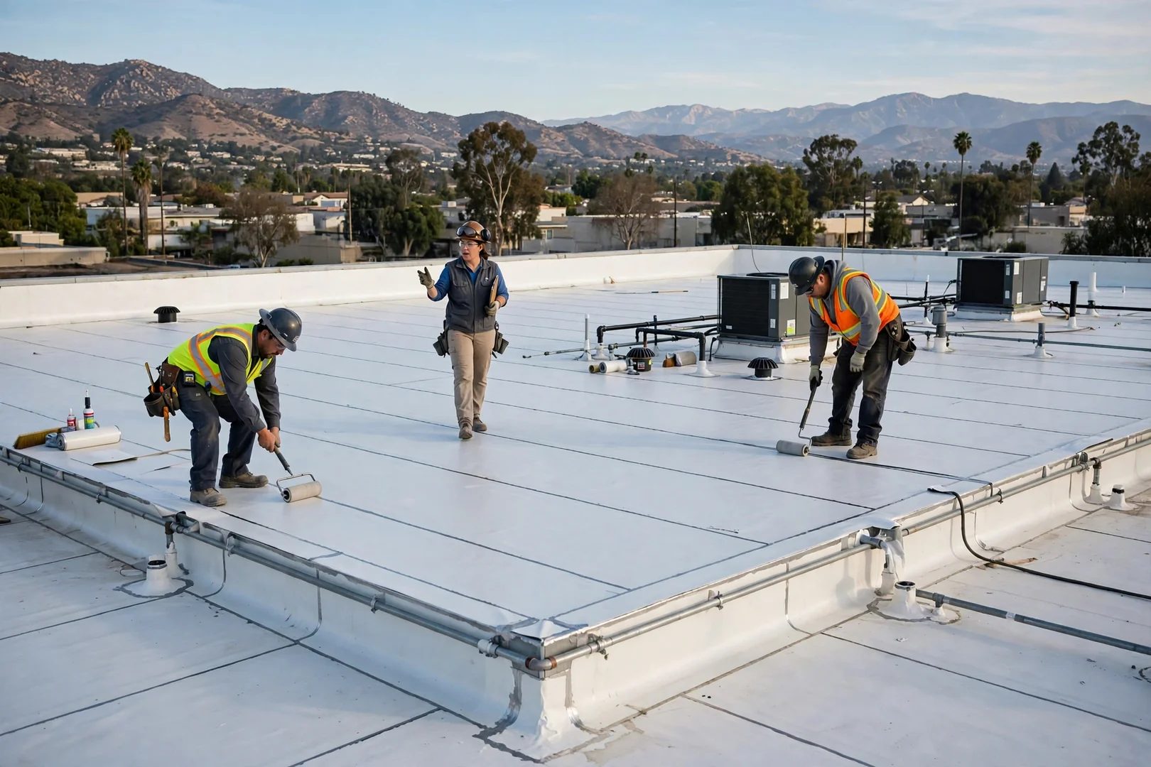 Wide view of a finished white TPO membrane roof on a La Verne retail building