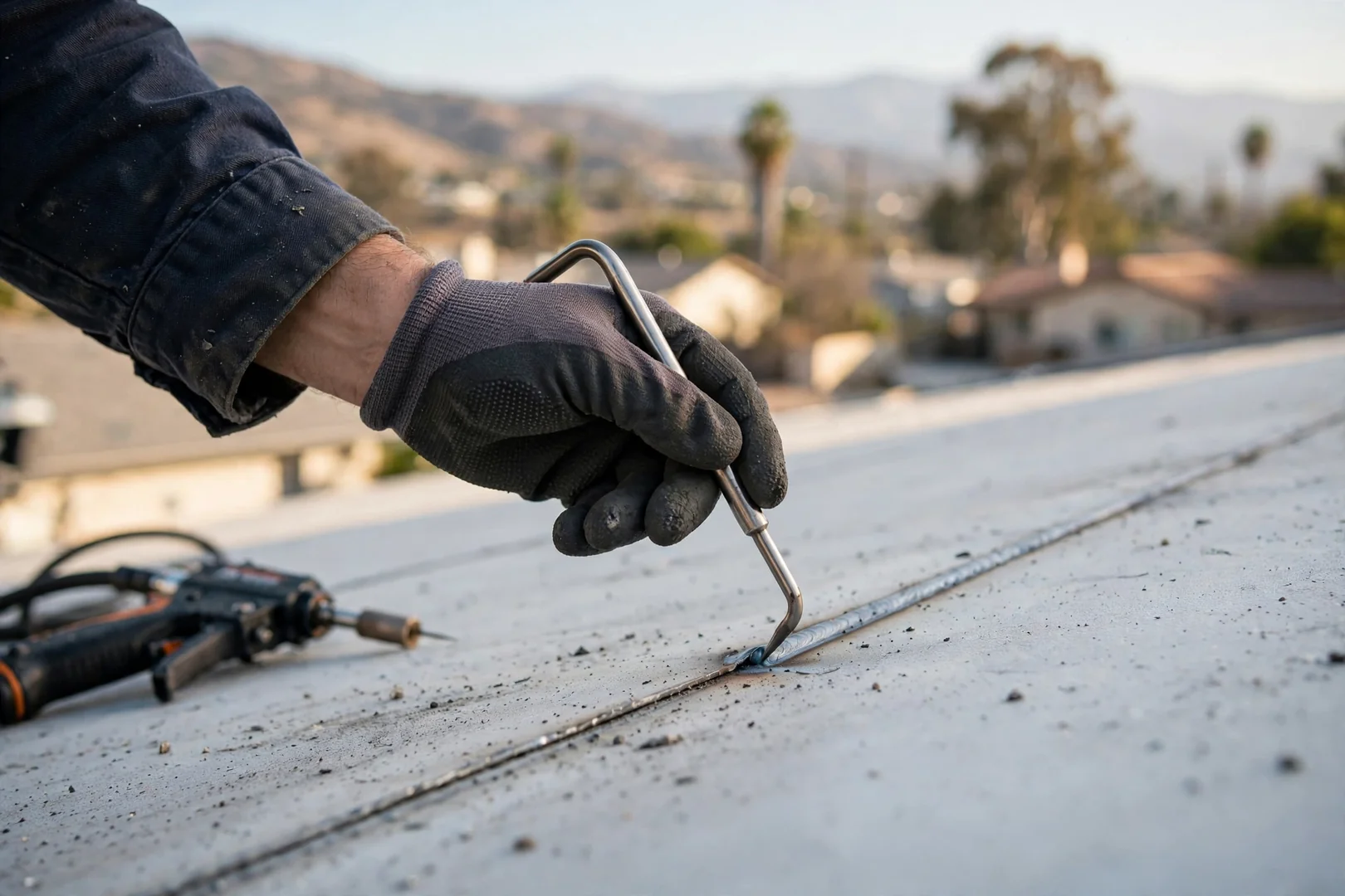 Close-up of hot-air welded membrane seam being probe-tested on a flat roof