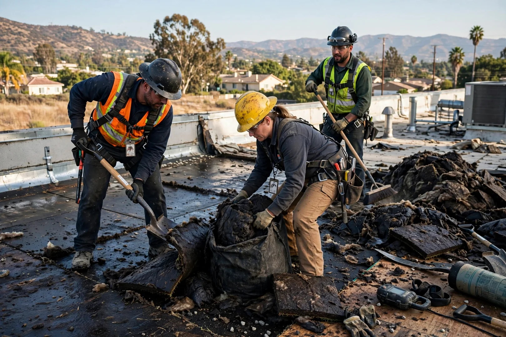 Crew removing saturated insulation during a commercial roof tear-off