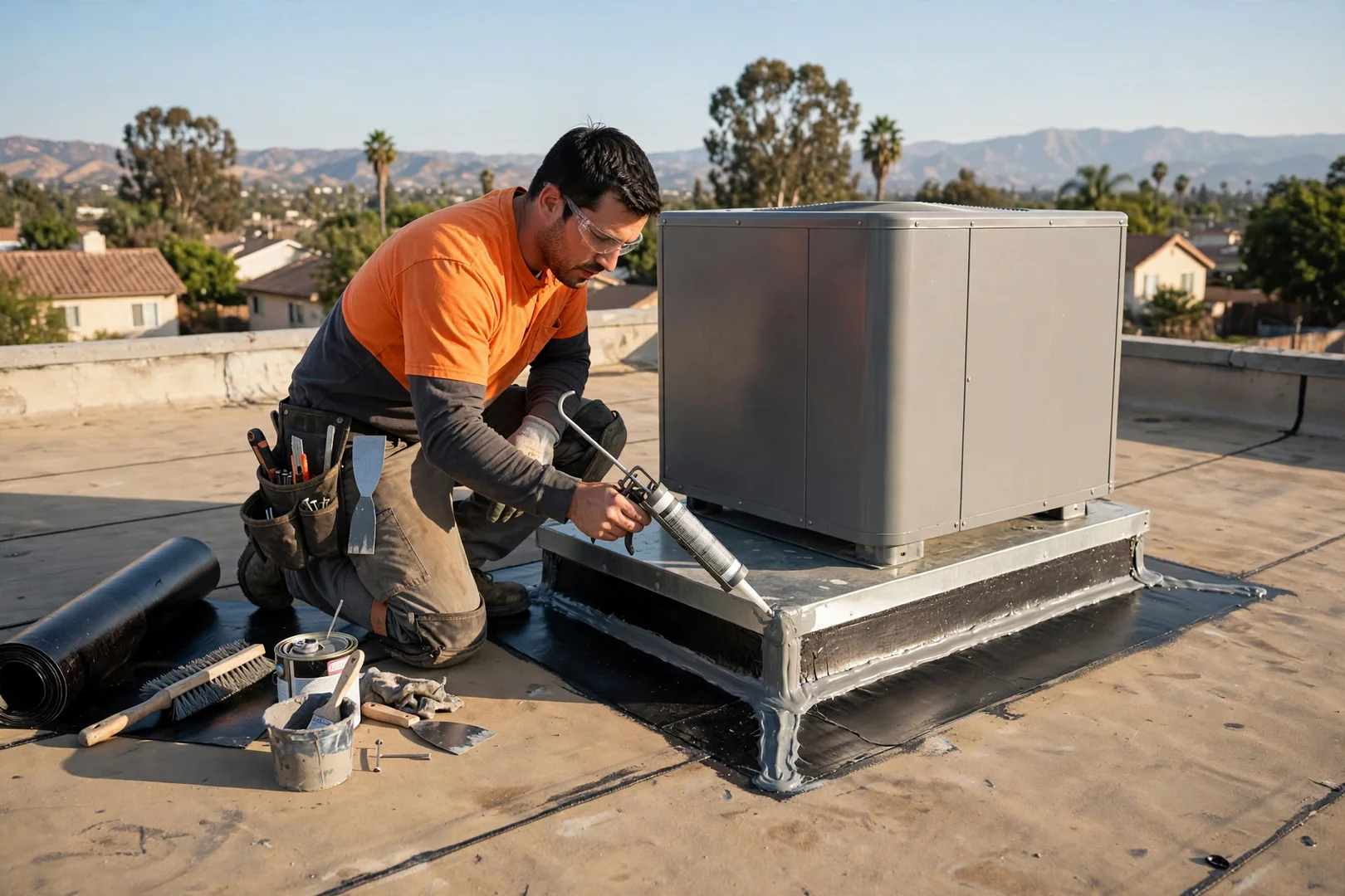 Reconstructed rooftop curb flashing around an HVAC unit on a flat roof