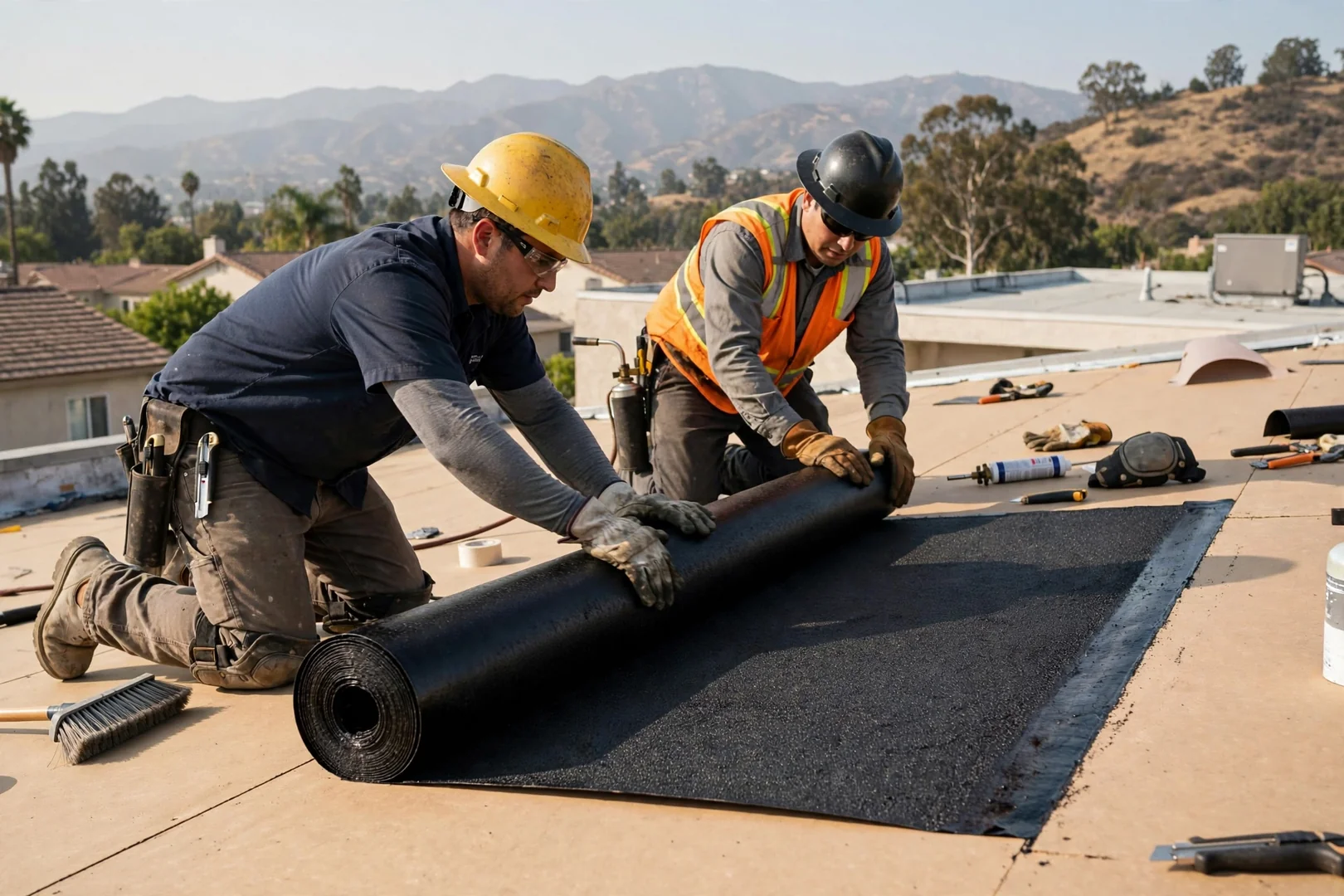 Modified bitumen cap sheet being rolled across a prepared cover board deck