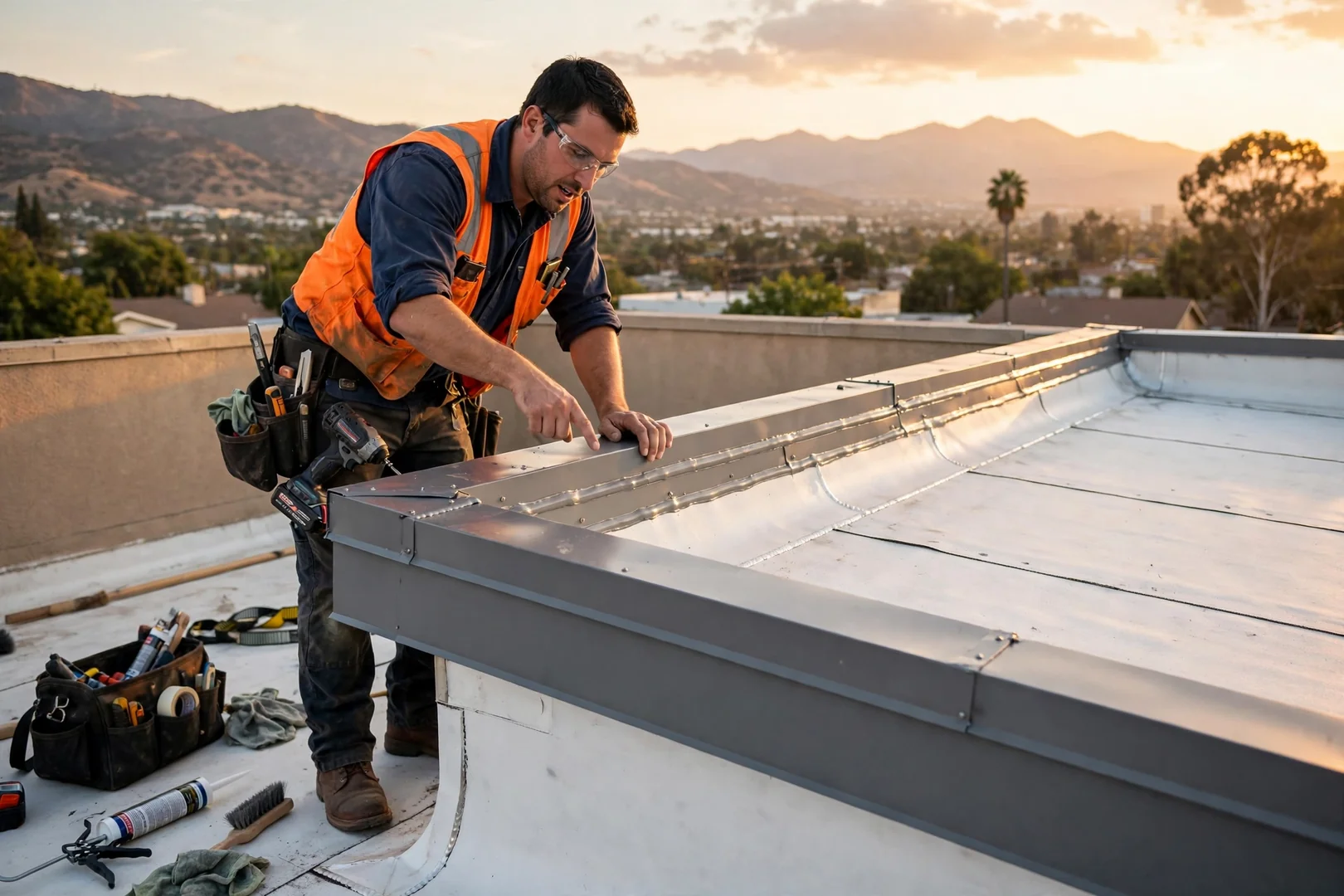 Finished commercial roof edge metal and parapet termination detail at sunset