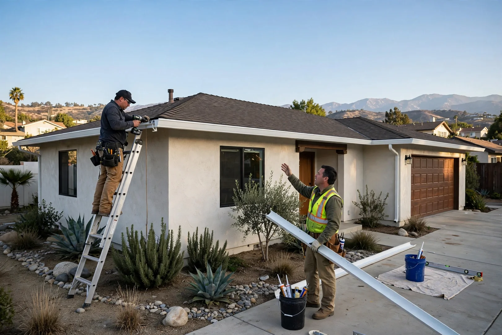 Seamless aluminum K-style gutter run along a single-story La Verne roofline