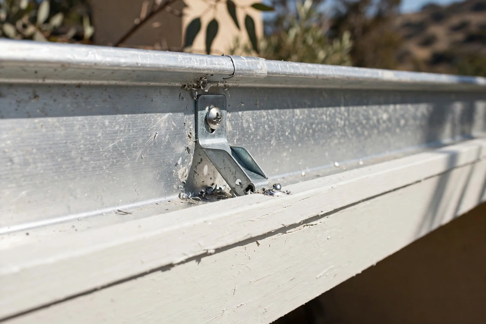 Close-up of hidden hanger fastened into fascia board on new gutter