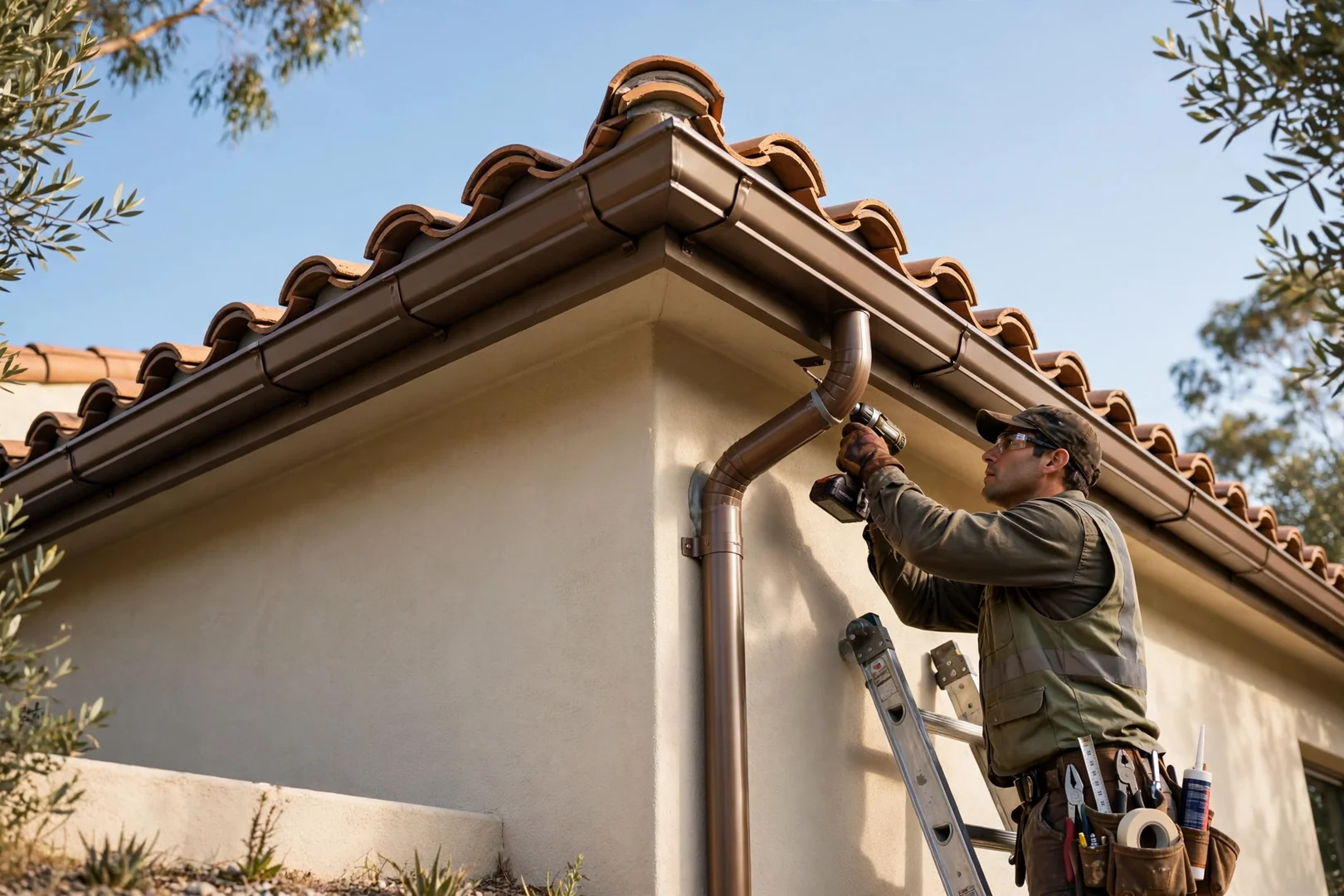 Two-story tile roof edge with new gutter and downspout elbow fitted