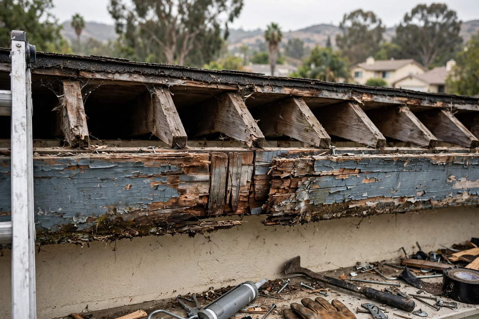 Rotted fascia board removed before new gutter system installation