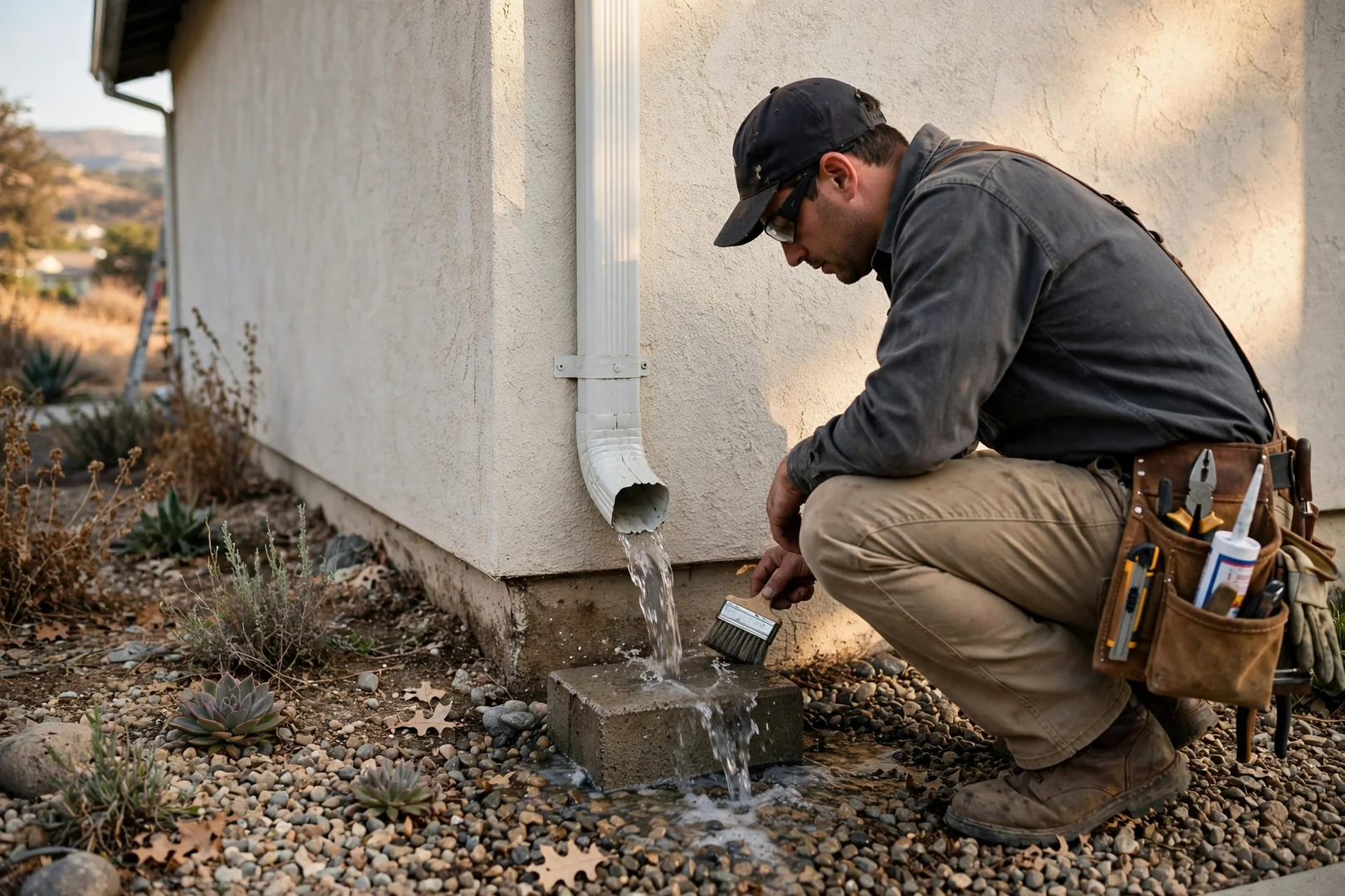 Downspout discharging into splash block away from home foundation