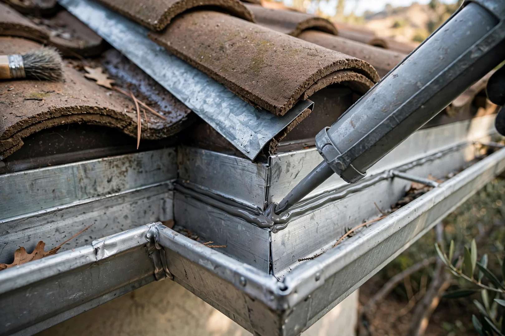 Custom mitered gutter corner joint sealed at a roof valley