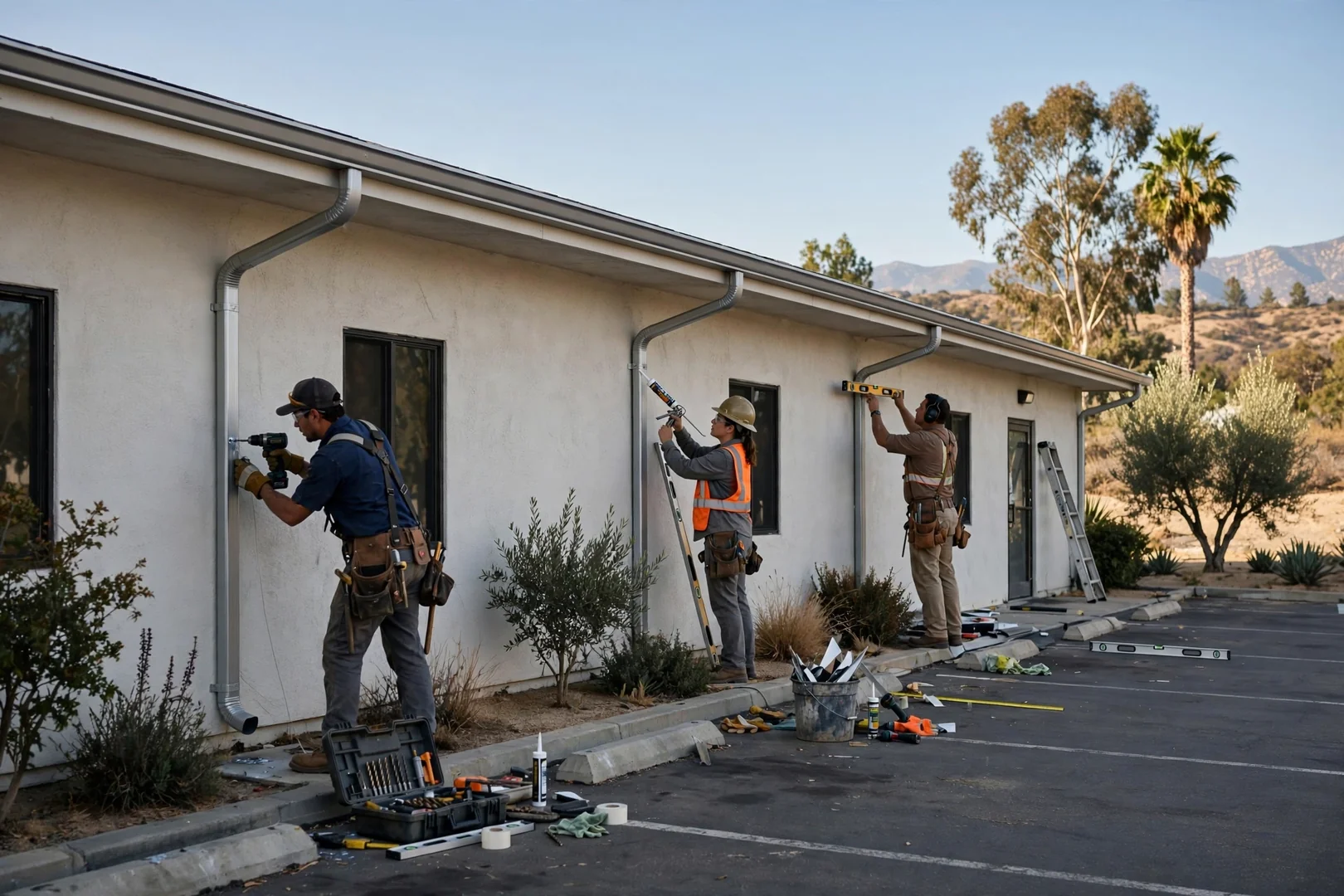 Finished gutter and downspout system on a small La Verne commercial building
