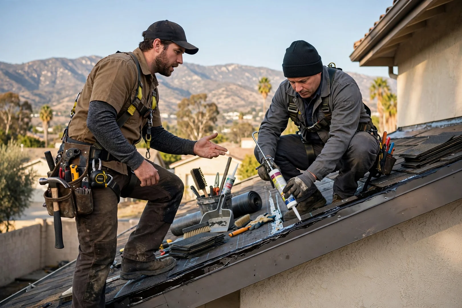Roofer fastening standing seam metal panels on a La Verne home roof