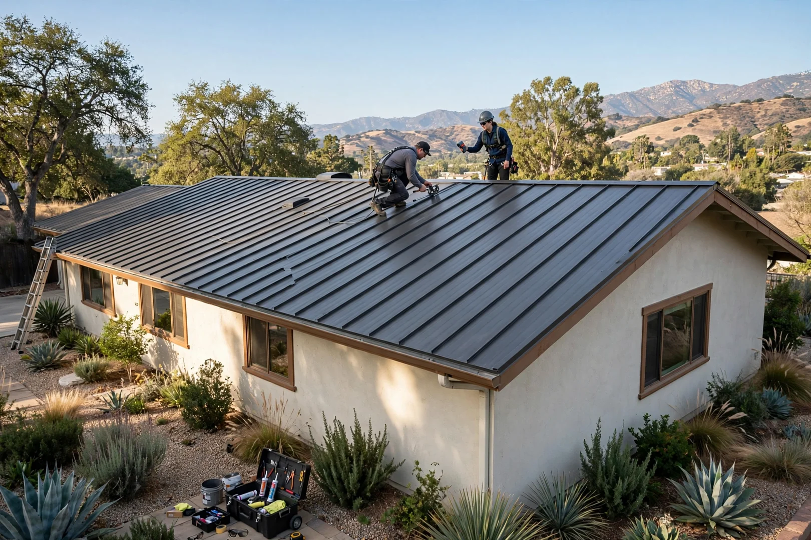 Standing seam metal roof panels running from eave to ridge on a La Verne home