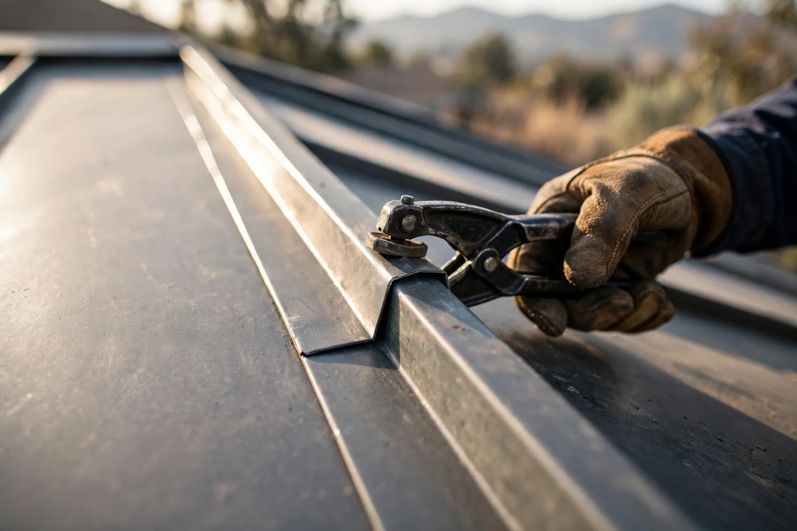 Close-up of mechanically locked standing seam with concealed clip fastening