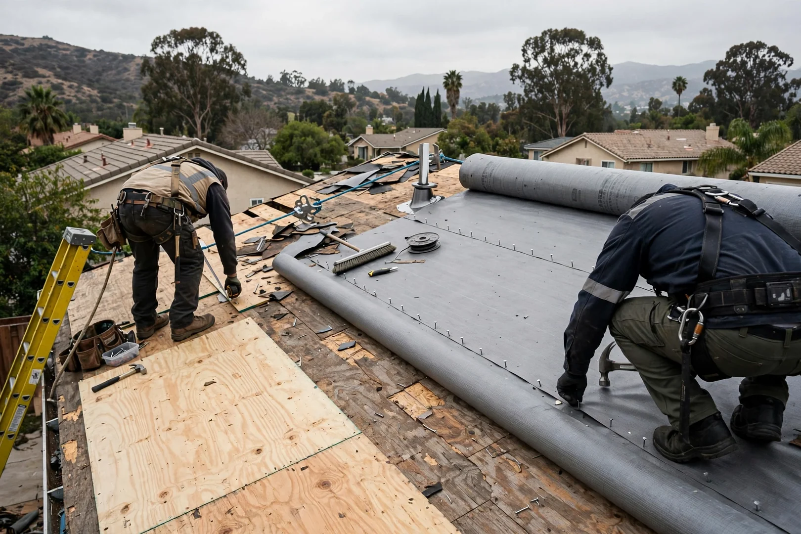 Roof deck stripped to sheathing with high-temperature synthetic underlayment installed