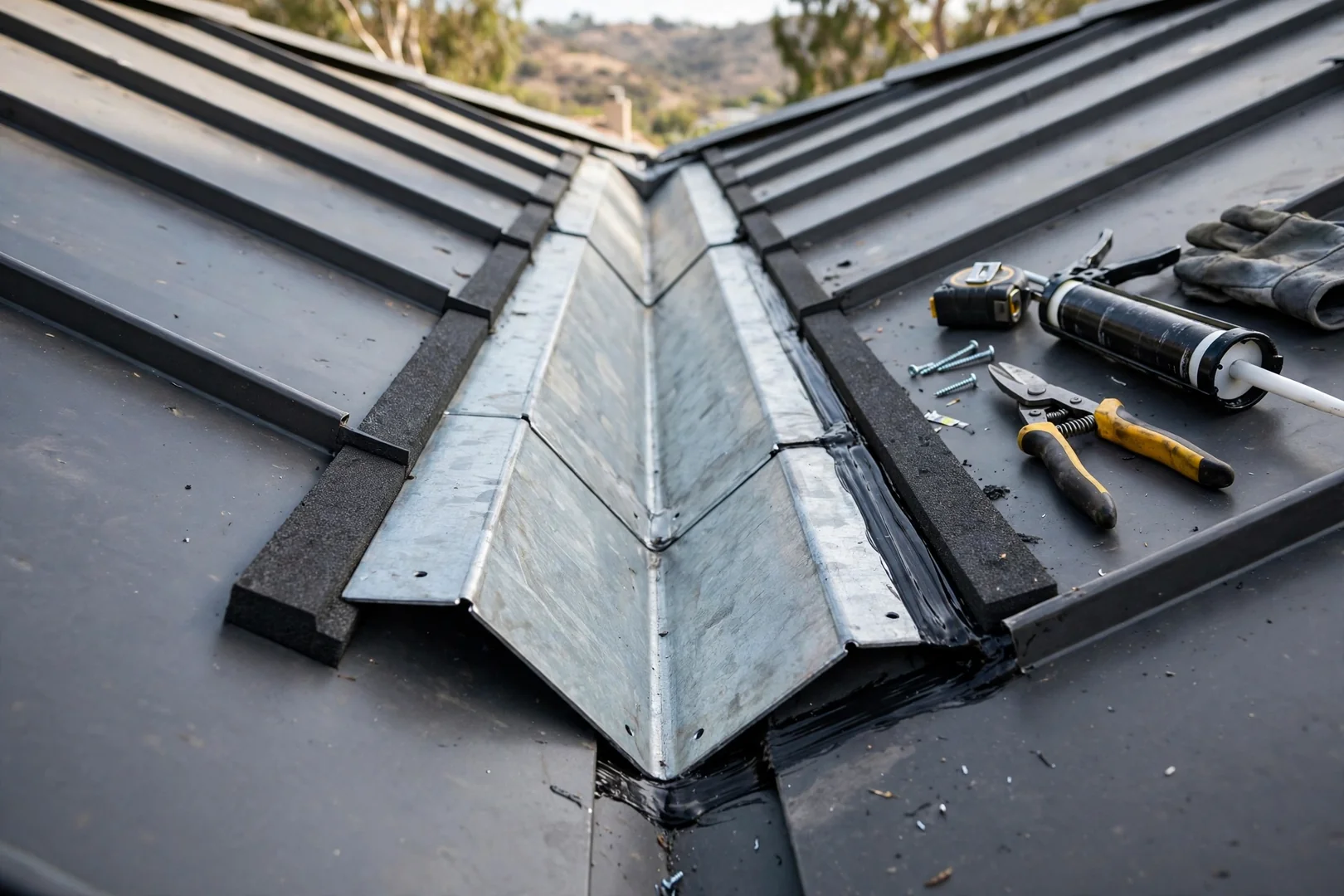 Custom valley pan and flashing formed on site for a metal roof transition
