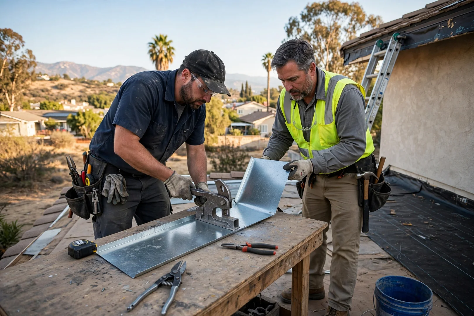 Sheet metal brake bending flashing on a La Verne job site