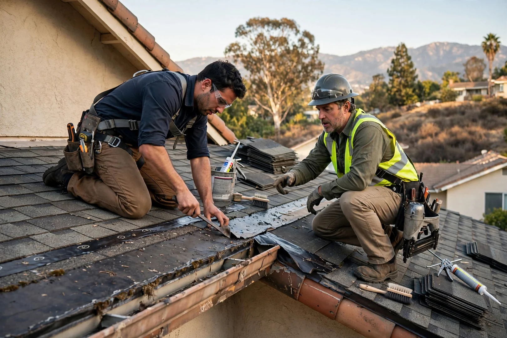 Roofer documenting shingle wear during a roof inspection
