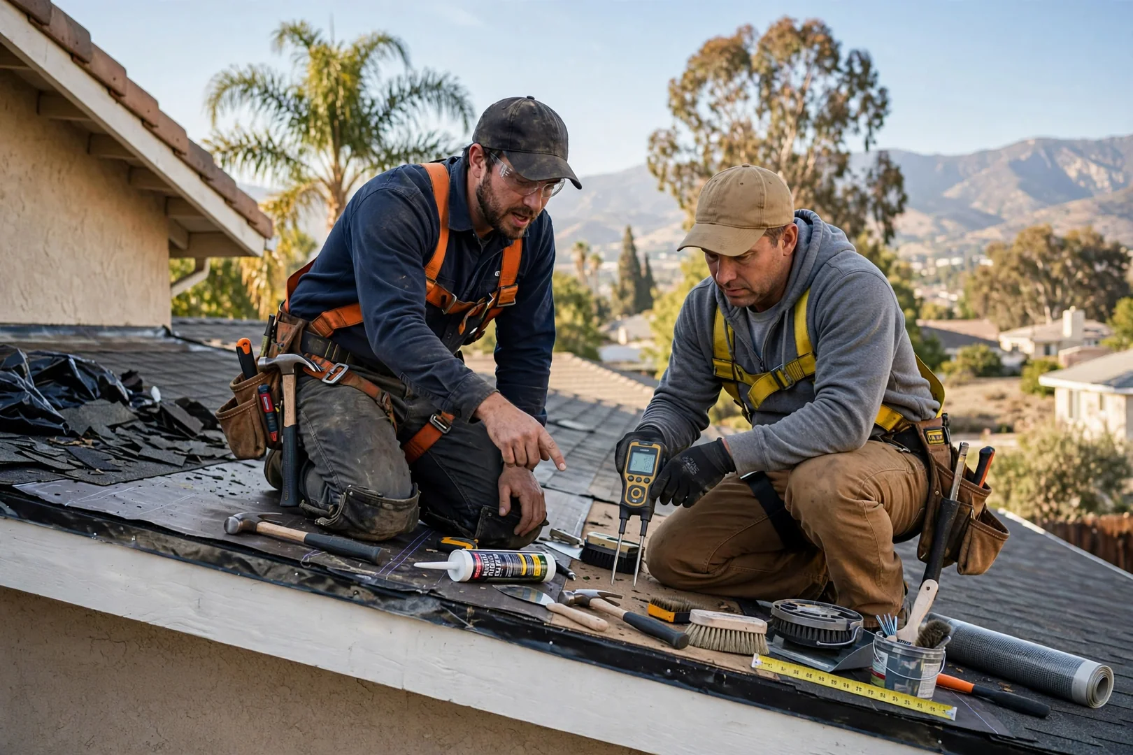 Roofing technician inspecting flashing and shingle condition on a La Verne home