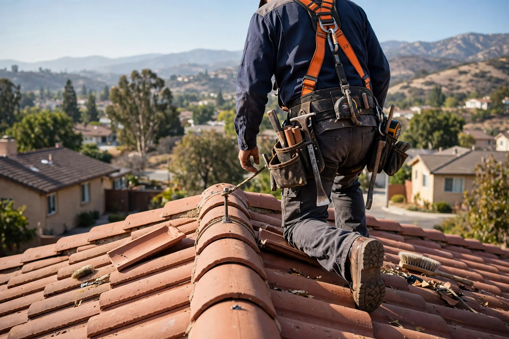 Technician walking a clay tile roof during inspection in La Verne