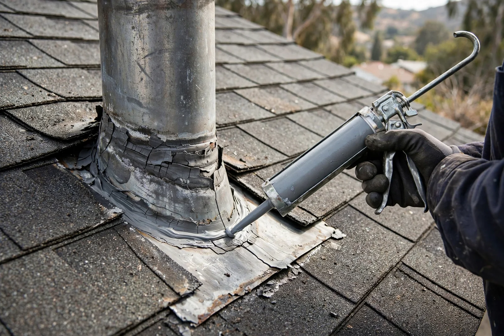 Close-up of cracked flashing at a roof penetration before resealing