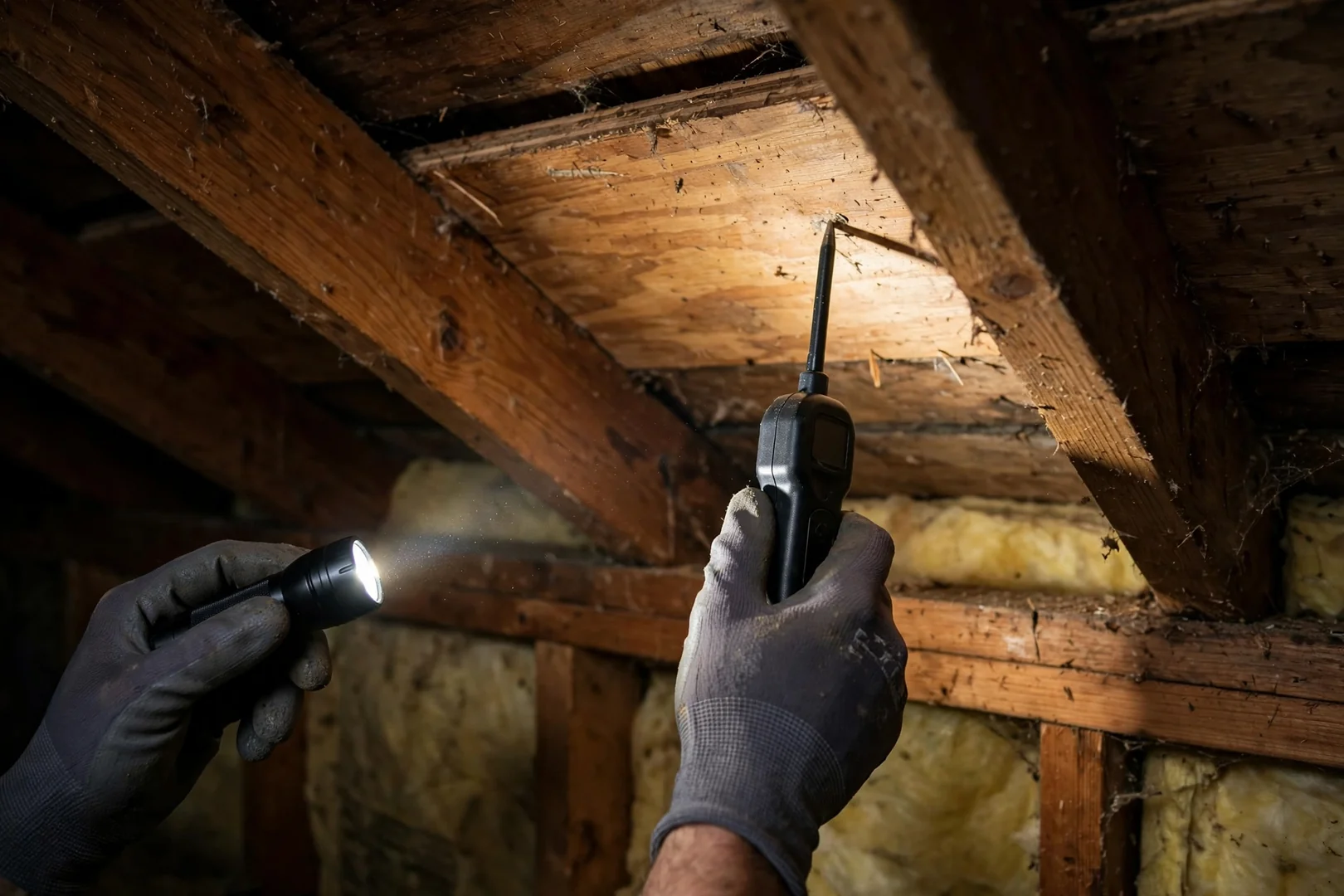 Moisture meter reading taken on attic decking during inspection