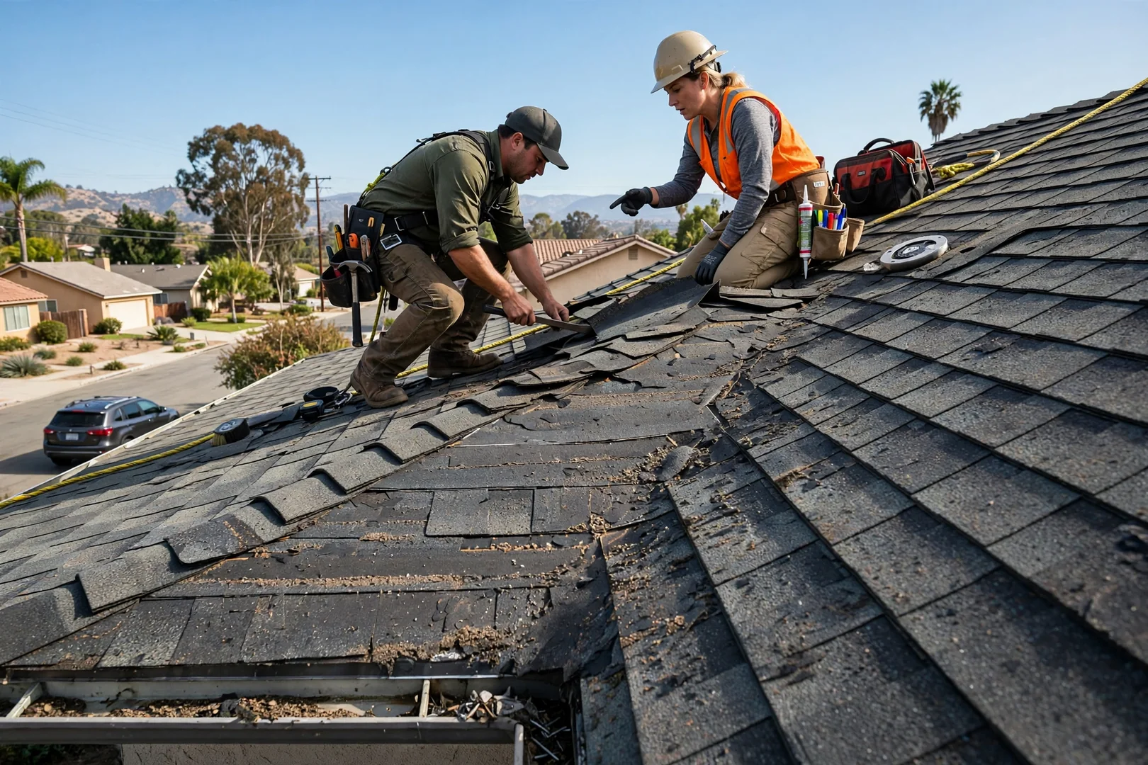 Wide view of composition shingle roof documented for storm wear