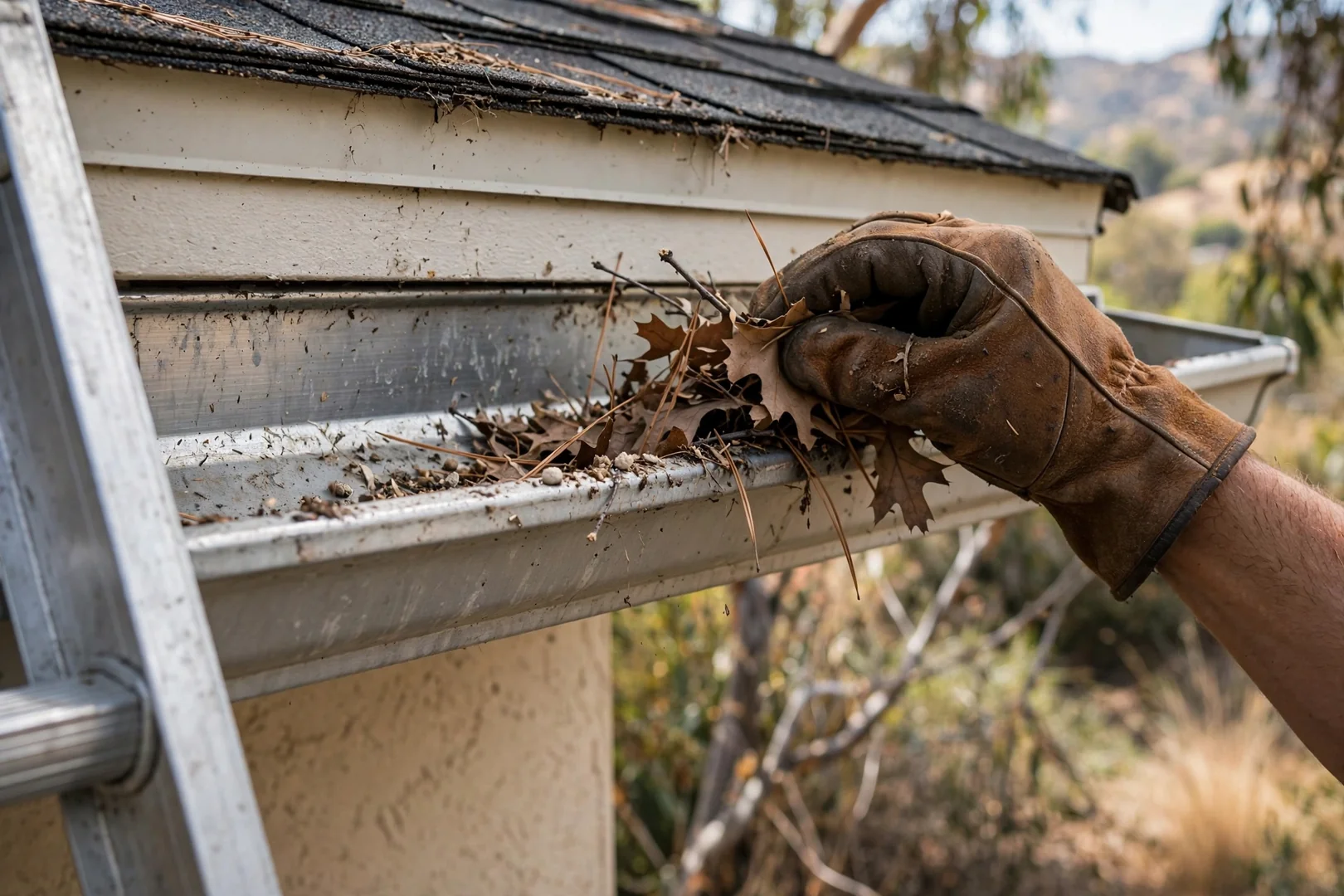 Gutter slope and debris check along a residential fascia line