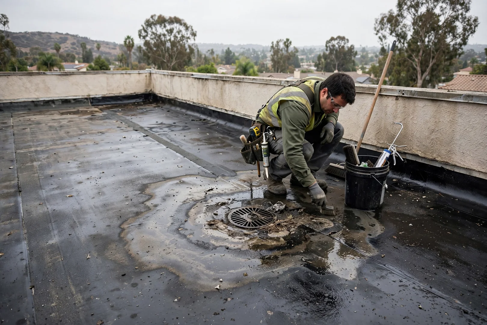 Low-slope modified bitumen section inspected for drainage issues