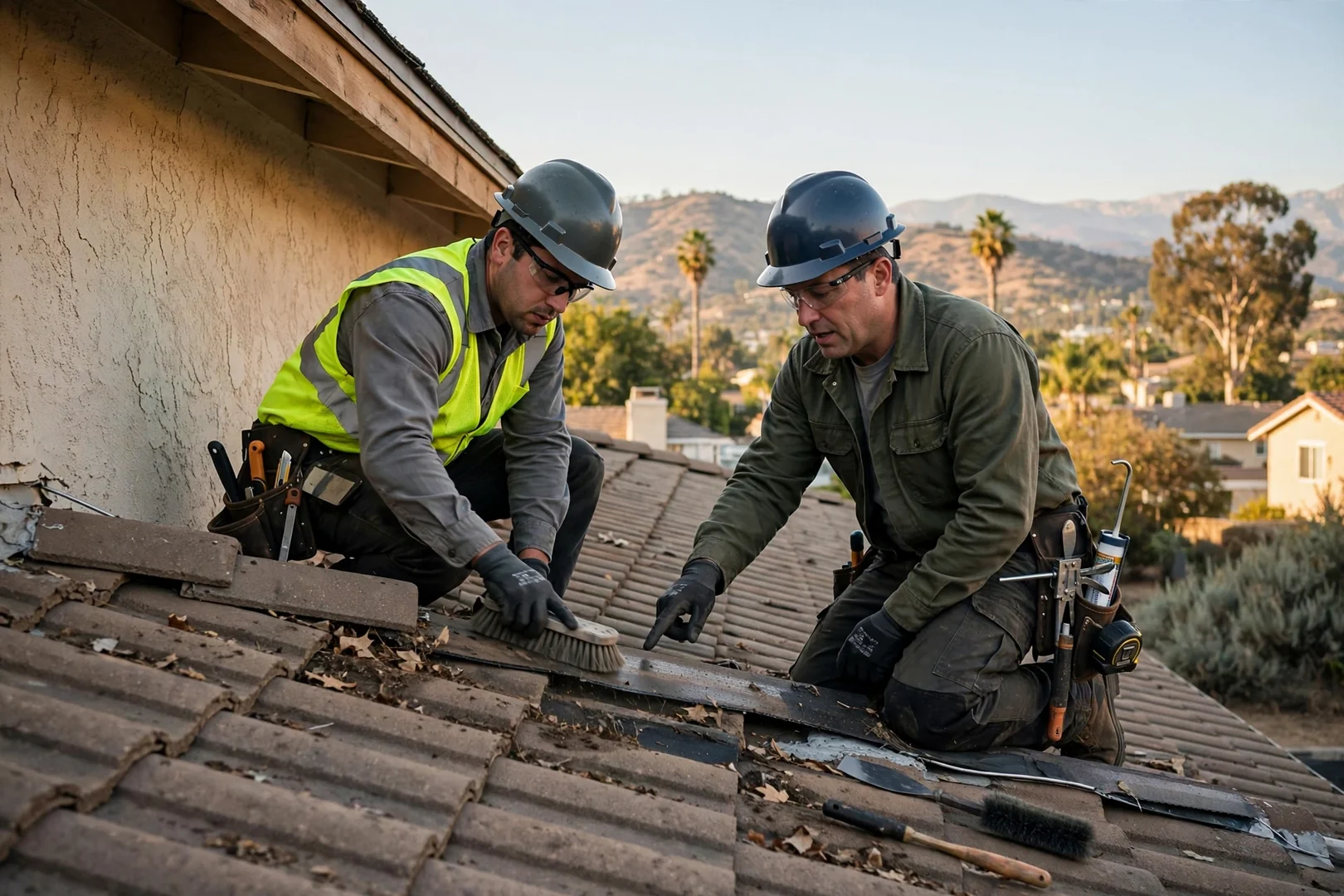 Roofer measuring damaged shingle area during repair estimate