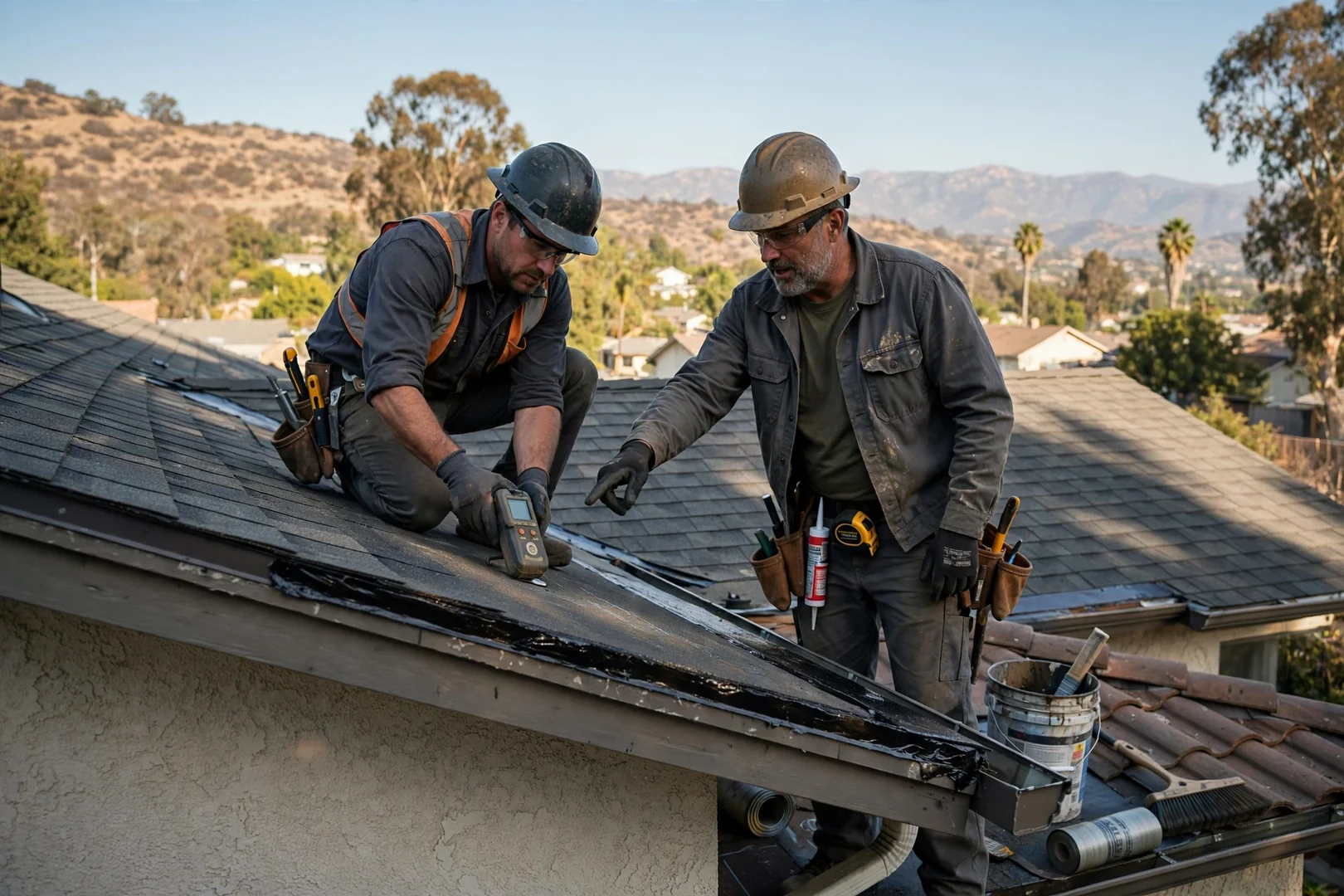 Roofer replacing valley flashing on a tile roof in La Verne