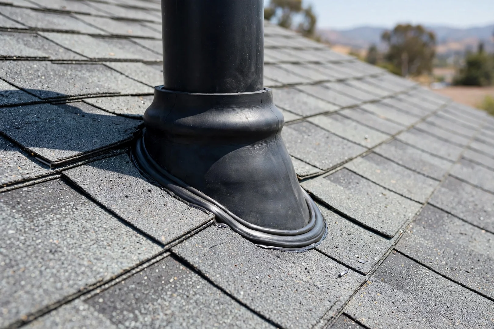 Close-up of replaced pipe boot flashing sealed on a shingle roof slope