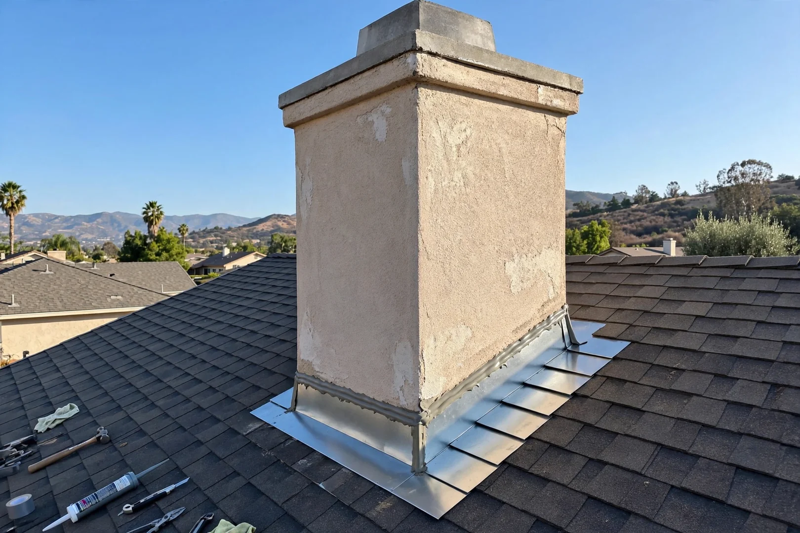Rebuilt chimney counter-flashing on a La Verne home after roof repair