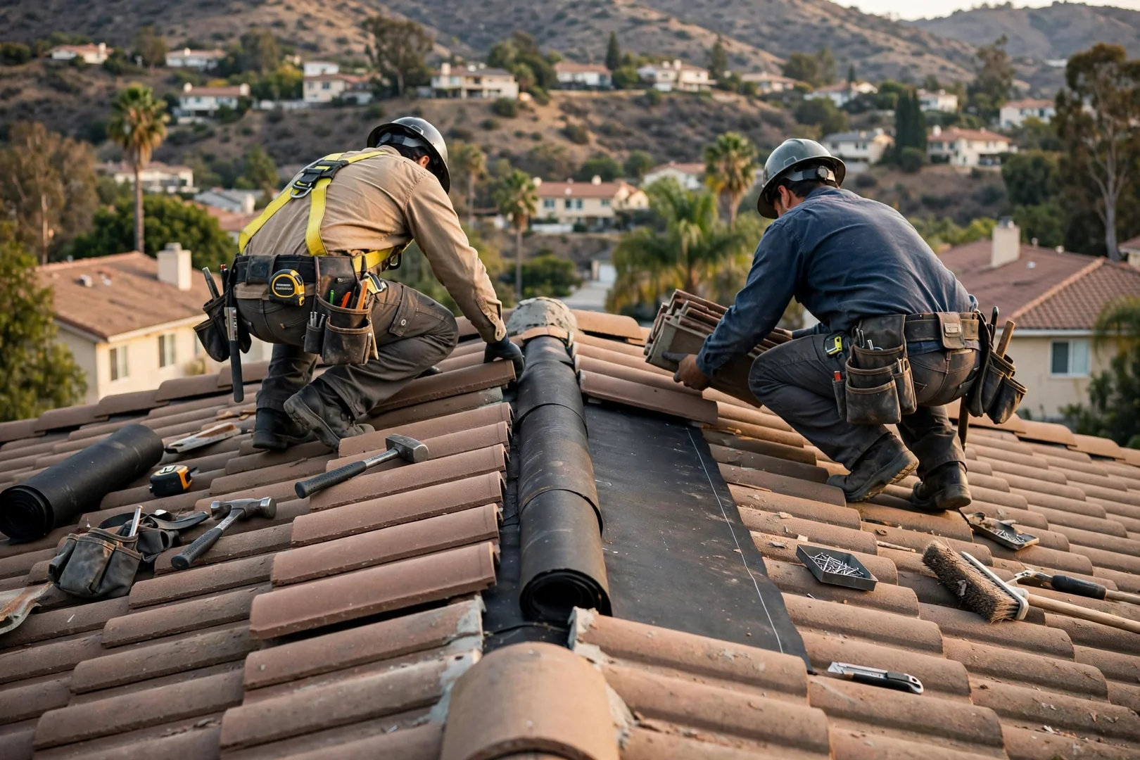 Concrete tile roof section repaired with matched tile profile and new underlayment