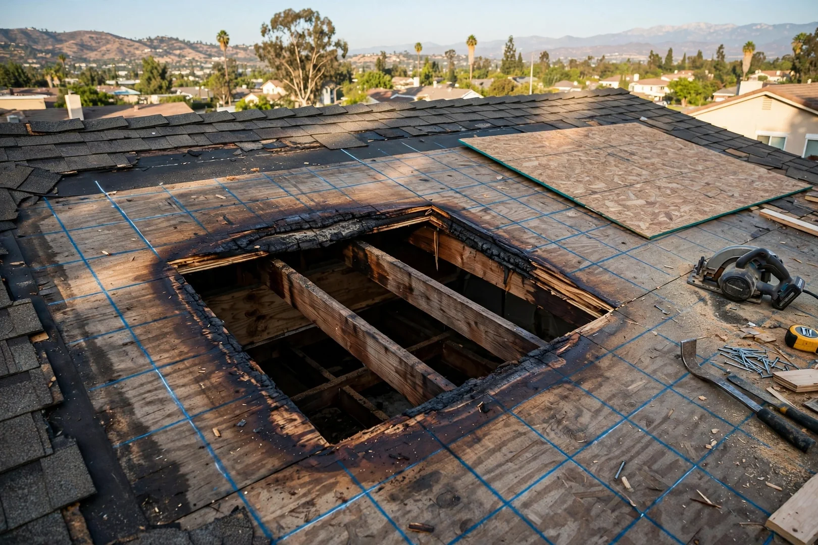 Damaged roof decking cut back to sound framing before sheathing replacement
