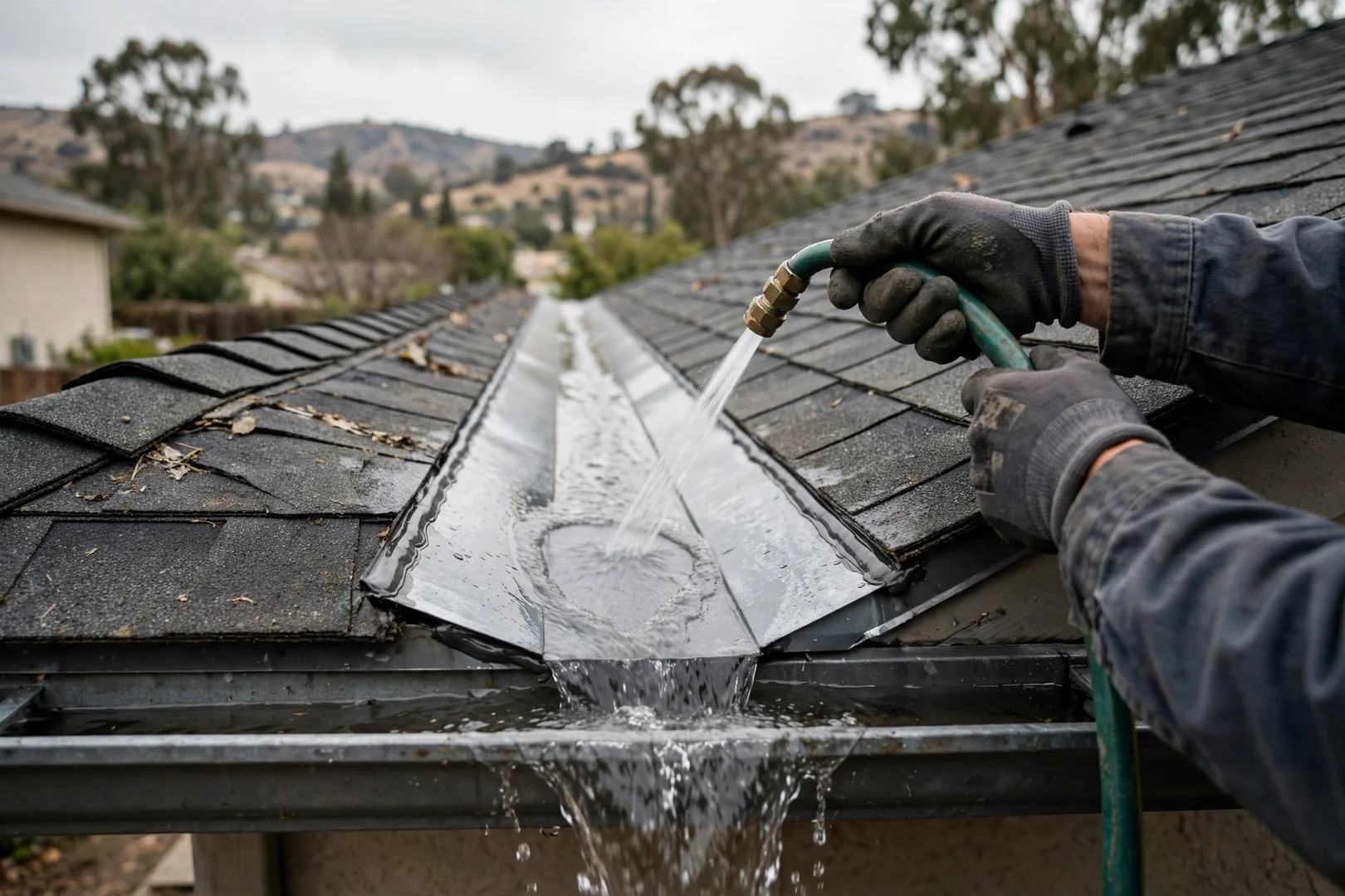Roofer applying controlled water test at a repaired roof valley