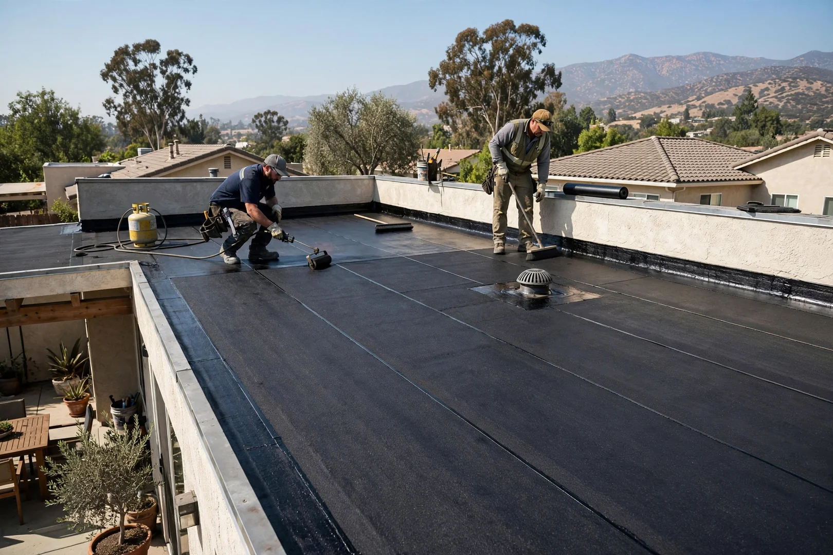 Low-slope patio roof with new modified bitumen seam work completed
