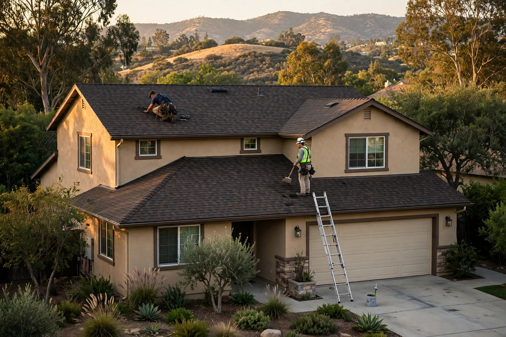 Finished shingle repair blending into surrounding roof field on a two-story home