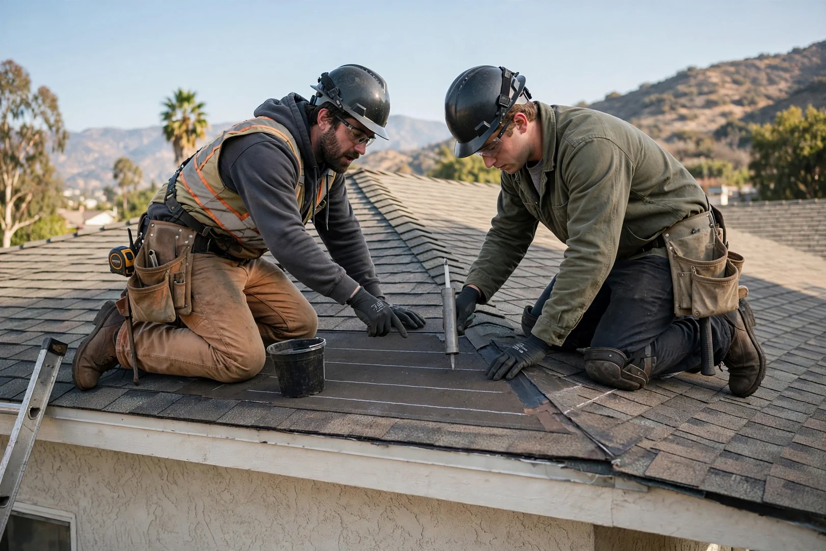 Roofing crew installing new underlayment and shingles on a La Verne home