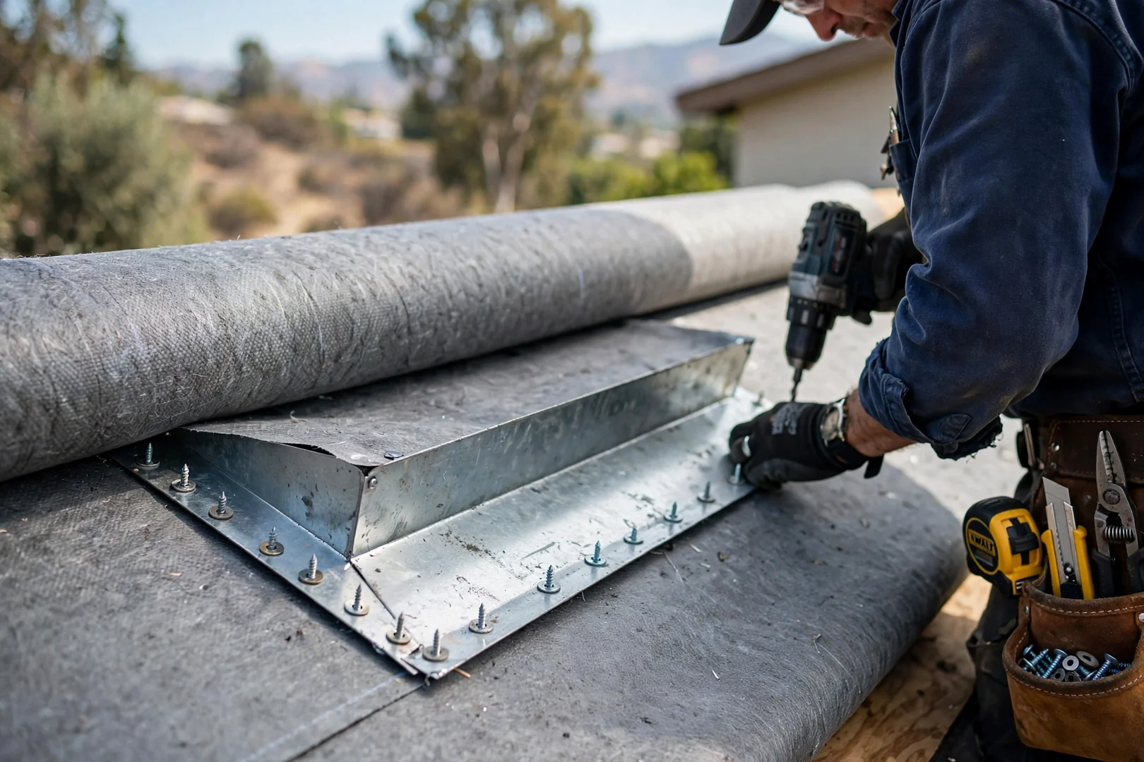 Close-up of valley flashing and synthetic underlayment during replacement