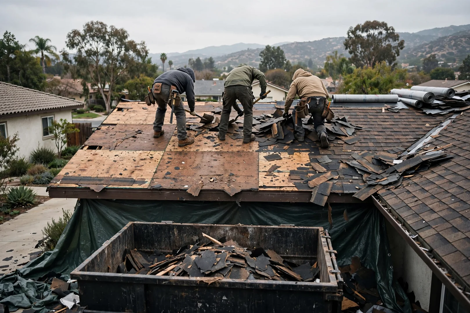 Crew performing controlled tear-off down to bare roof sheathing