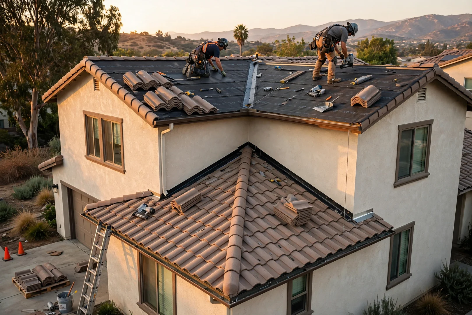 Concrete tile roof reset over fresh underlayment on a two-story house