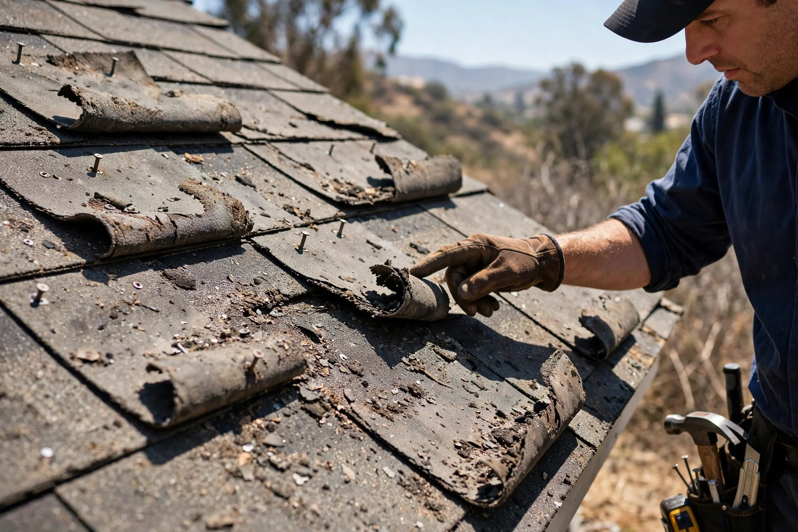 Weathered curling shingles showing granule loss before replacement