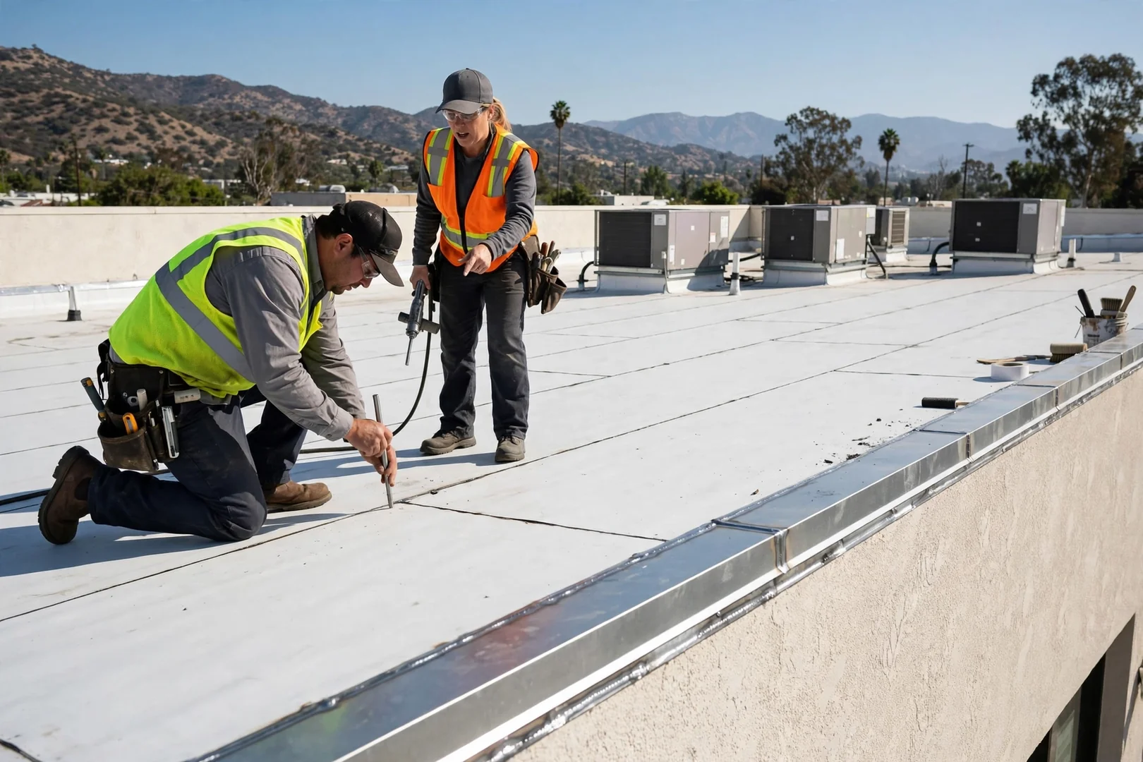 Low-slope membrane roofing installed on a small commercial building