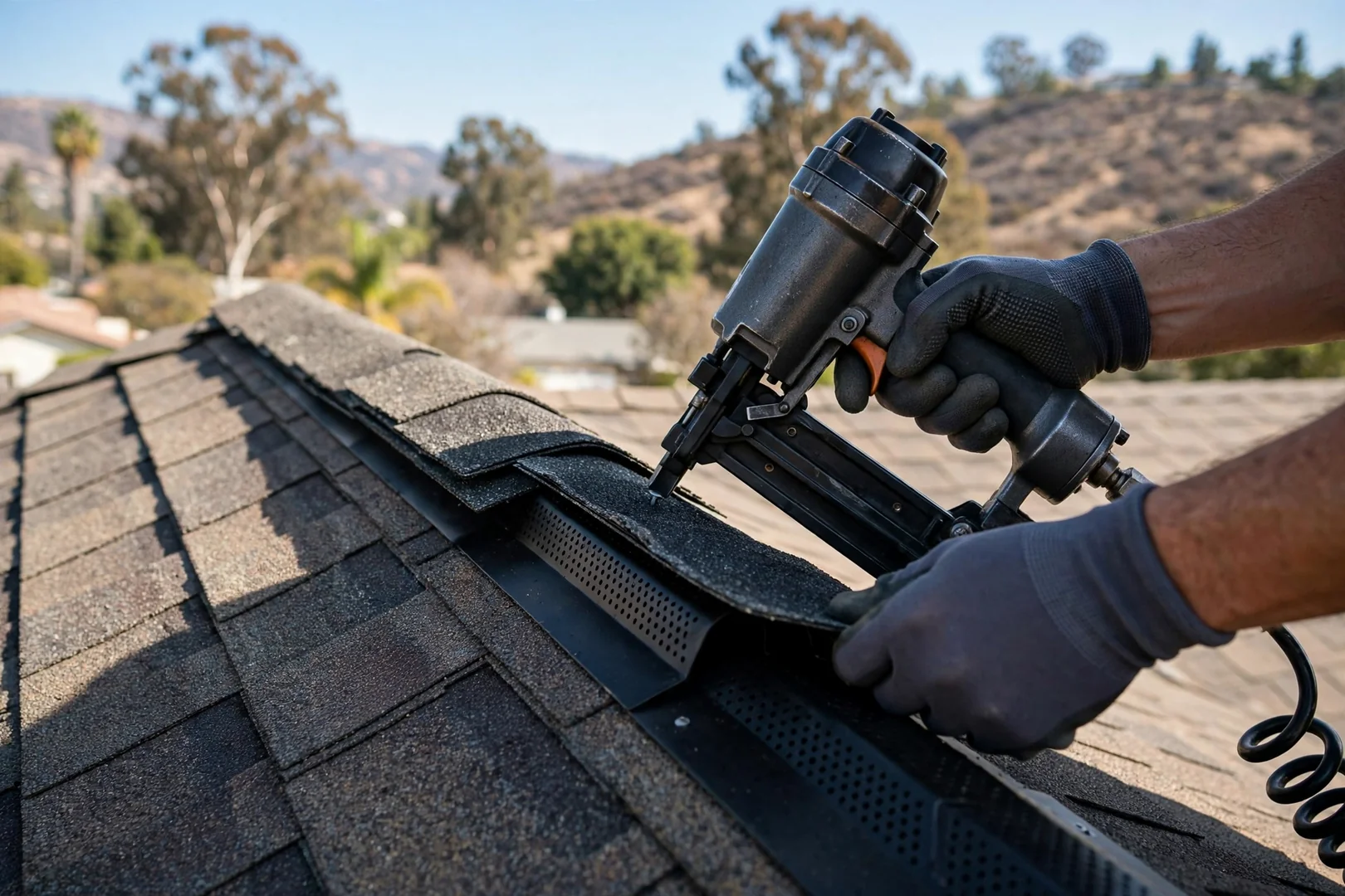 Ridge vent and shingle cap installation providing attic exhaust
