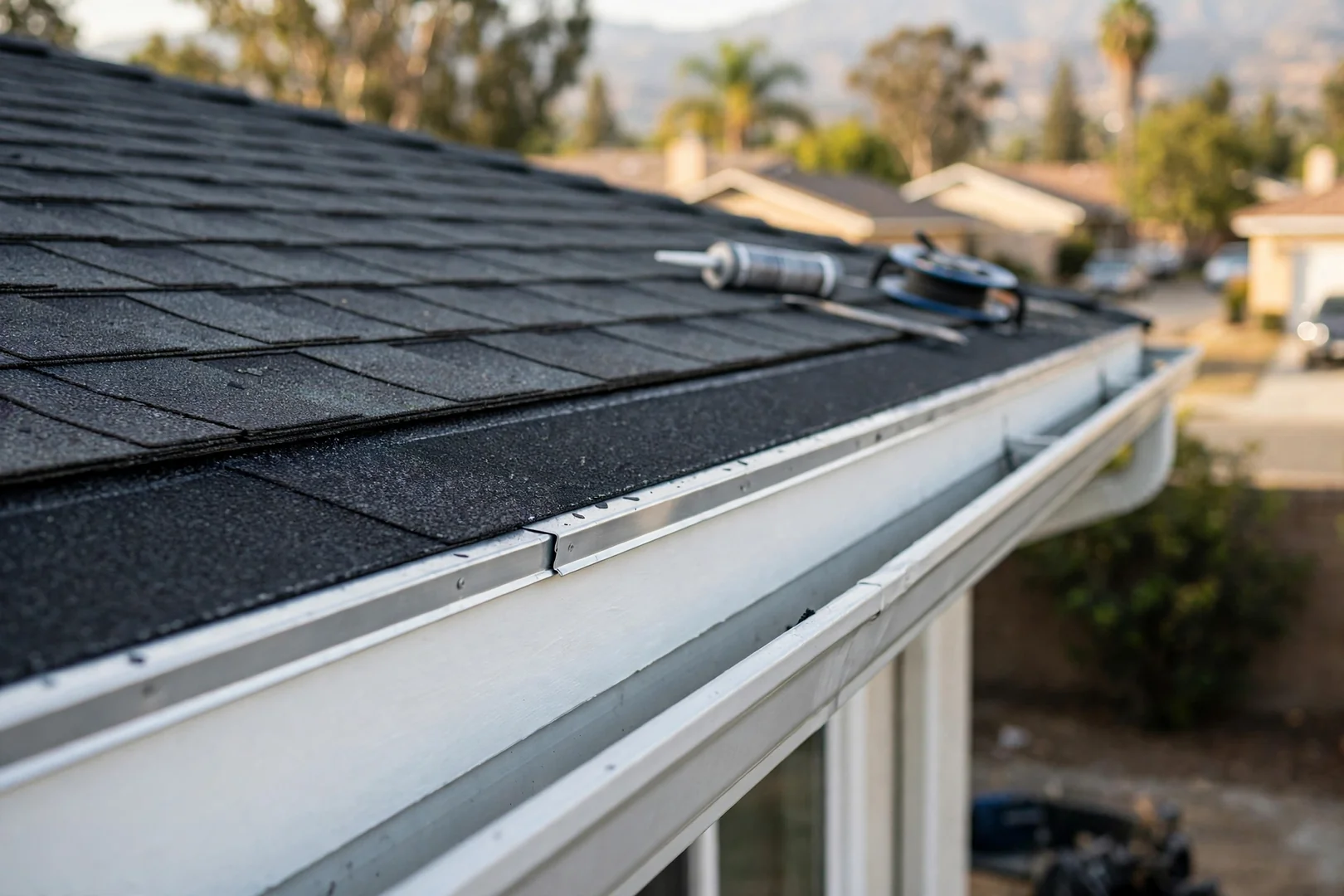New drip edge and gutter line along a replaced roof eave