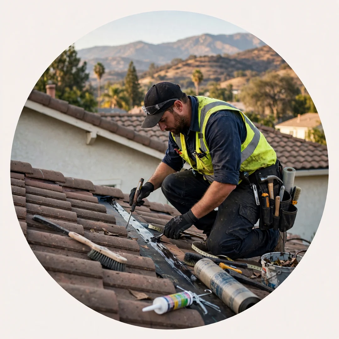 Roofer inspecting flashing detail at a chimney base