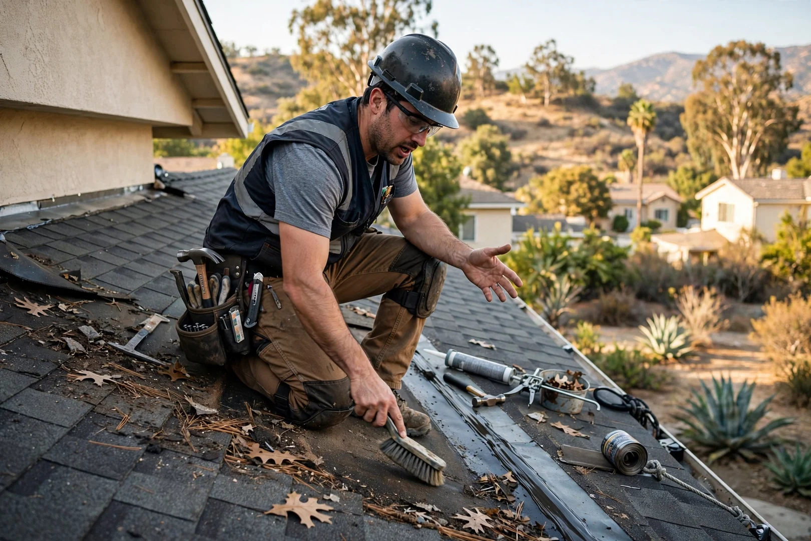 Roofing crew installing new shingle system on a La Verne home