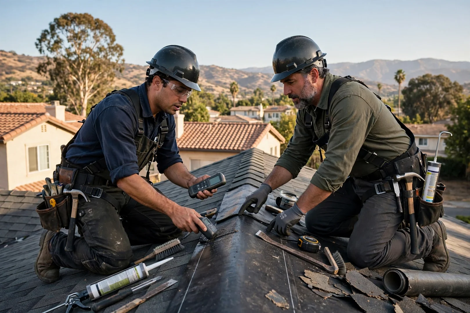 Roofer documenting valley flashing condition during a detailed inspection on a La Verne rooftop