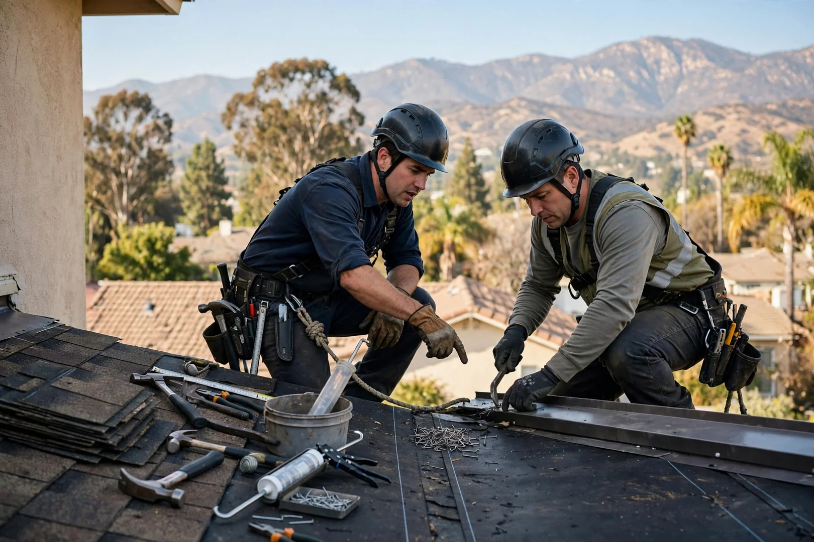 Roofing crew loading materials and ladders onto a service truck for scheduled La Verne work