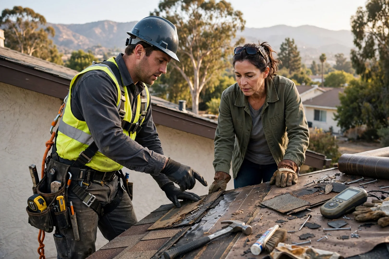 Roofing technician reviewing shingle installation details with a homeowner in La Verne